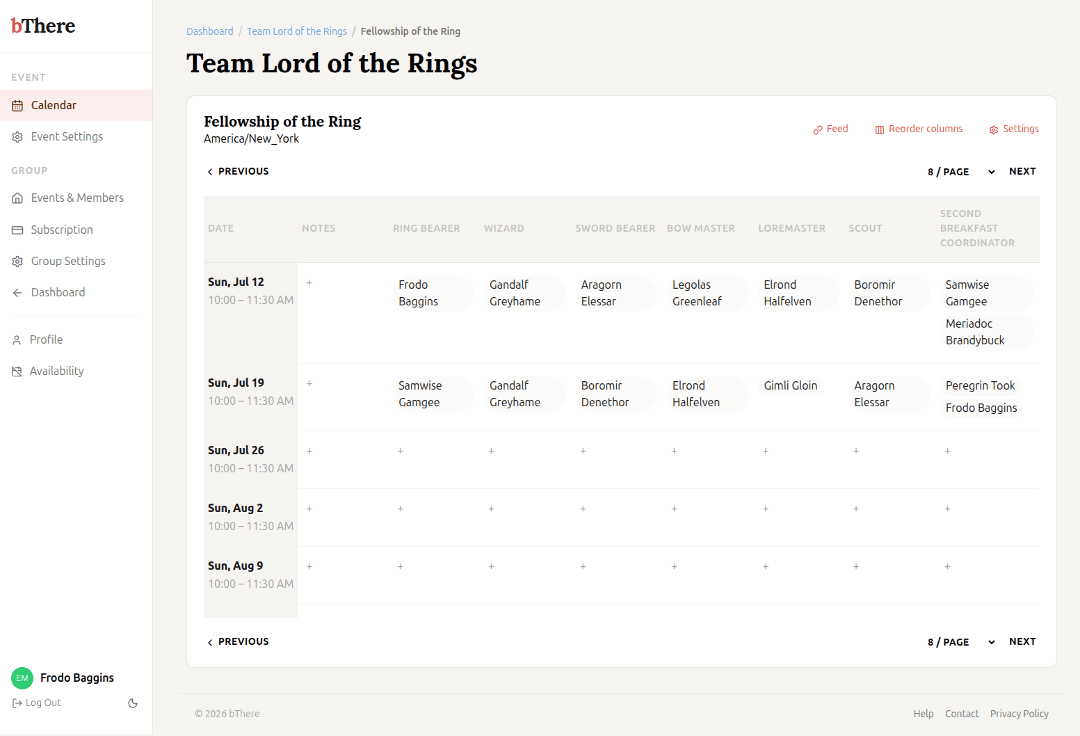 Calendar view showing scheduled events and coverage in bThere