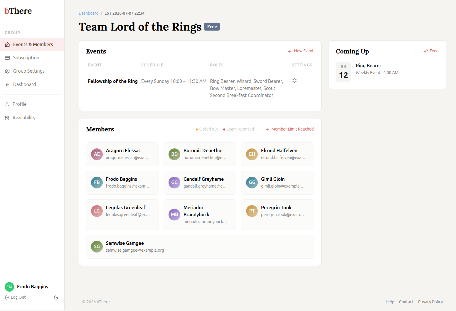 Group home screen showing members and assigned roles in bThere